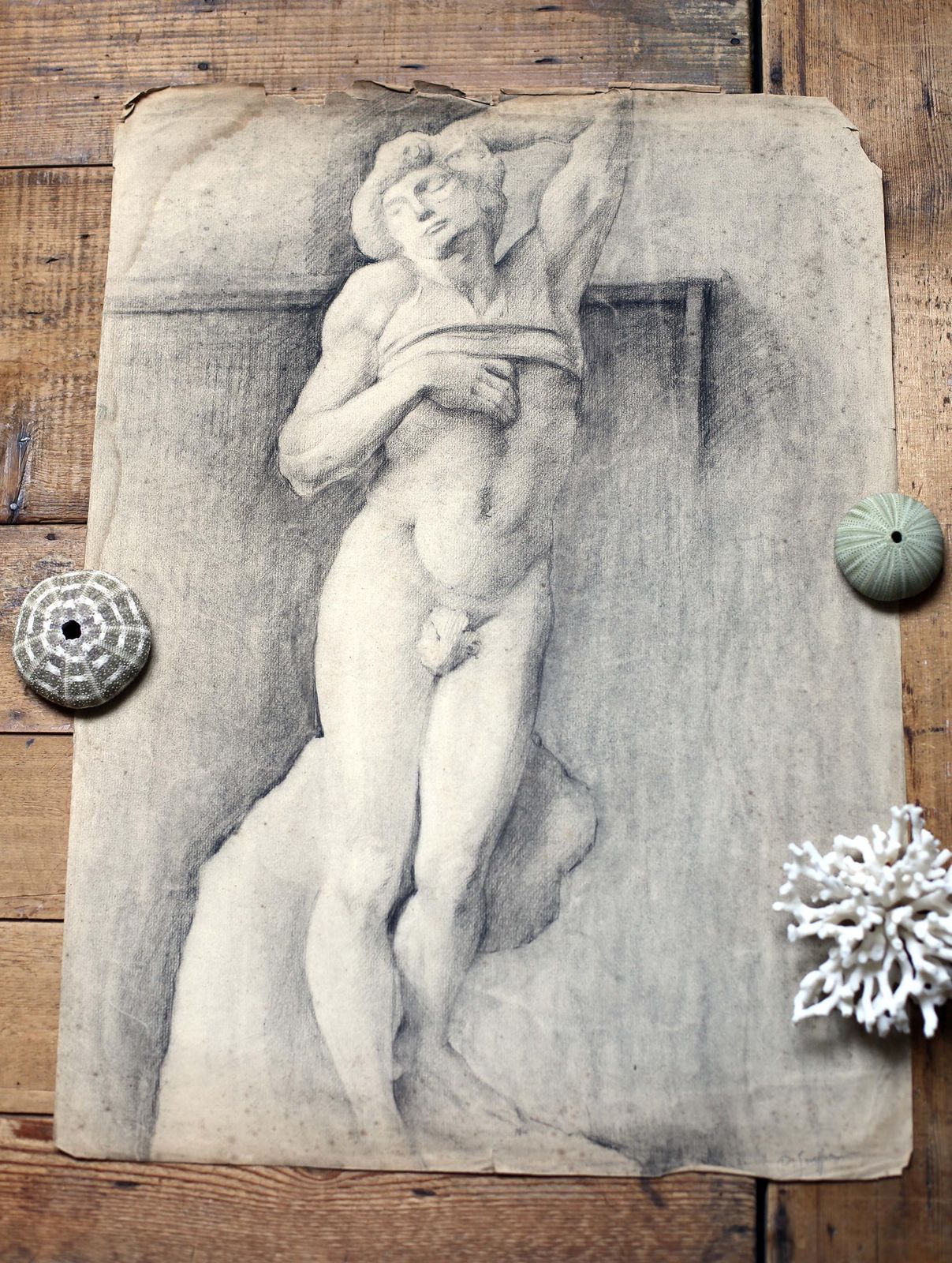 Original Antique Life Drawing Male Nude Torso Antique French Pierre Souffran Michelangelo The Dying Slave photo furniture