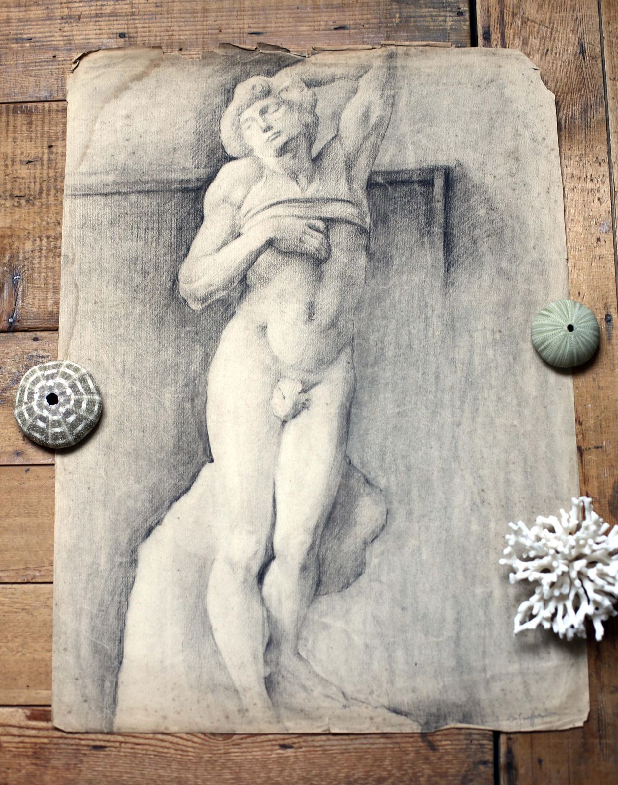 Original Antique Life Drawing Male Nude Torso Antique French Pierre Souffran Michelangelo The Dying Slave photo Art