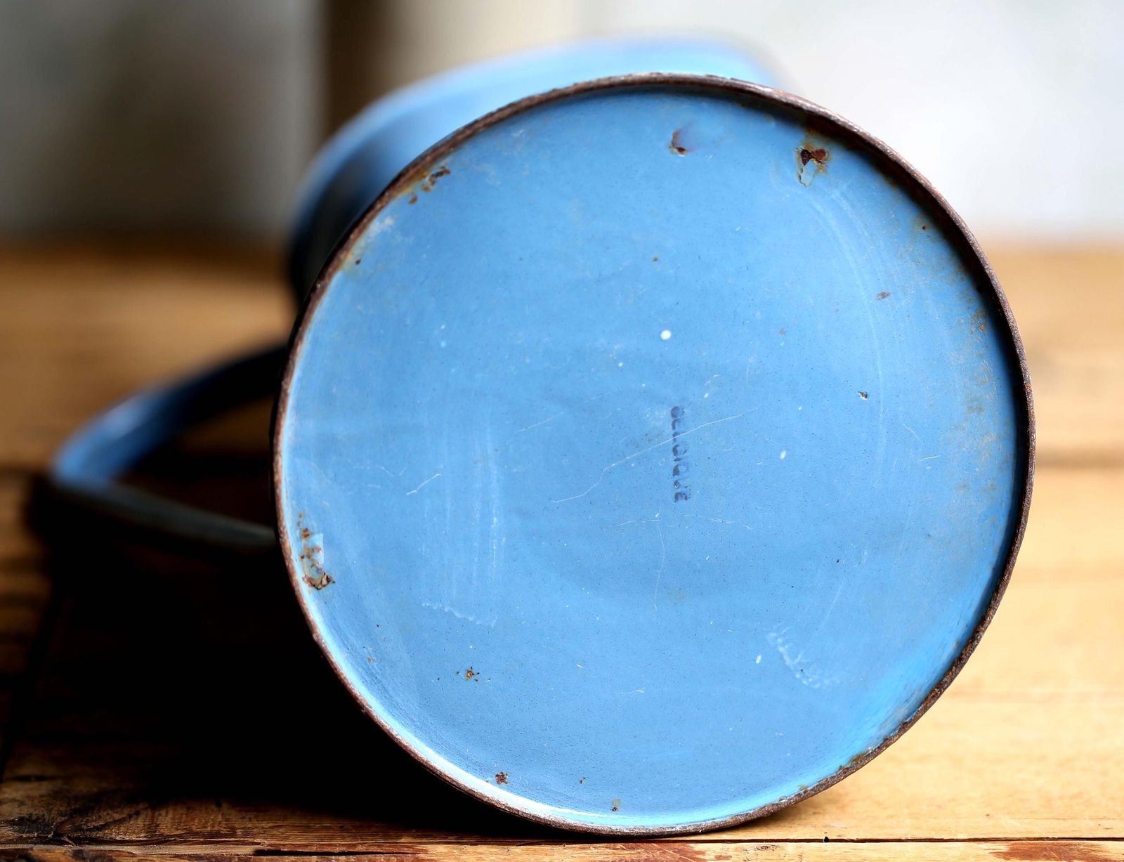 Large Antique Blue & White Check Enamel Pitcher French Metal Jug Art Deco Lustucru photo vintage