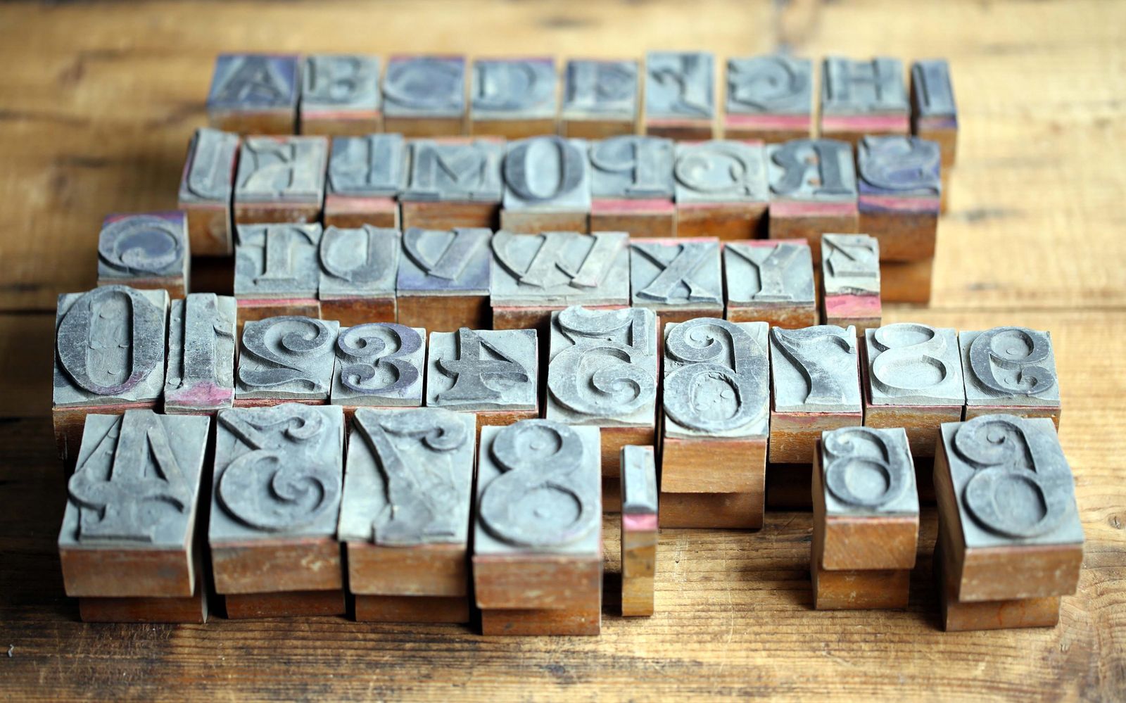 Antique French Wooden Printing Stamps: 43 Letterpress Rubber Ink Stamps In Box photo for sale