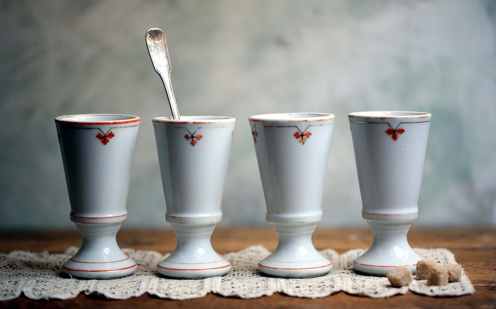 Antique French Bistro Cups Chunky Porcelain Coffee Goblets Set Of 4 photo vinterior