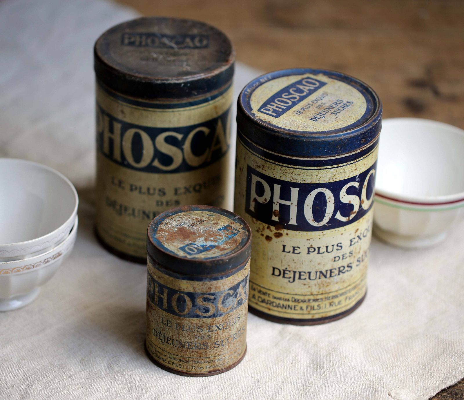 3 Antique French Phoscao Tins Chocolate Drink Canisters Old Metal Breakfast Containers photo Home Decor