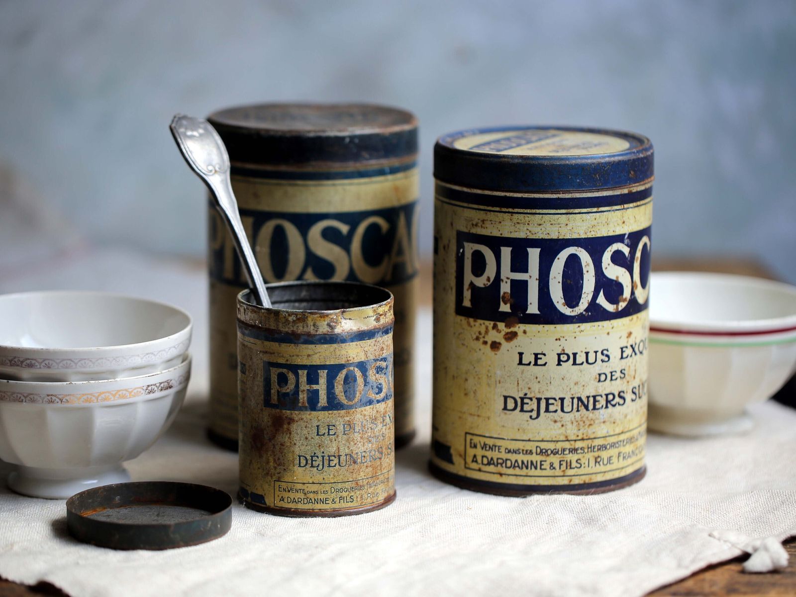 3 Antique French Phoscao Tins Chocolate Drink Canisters Old Metal Breakfast Containers photo vintage