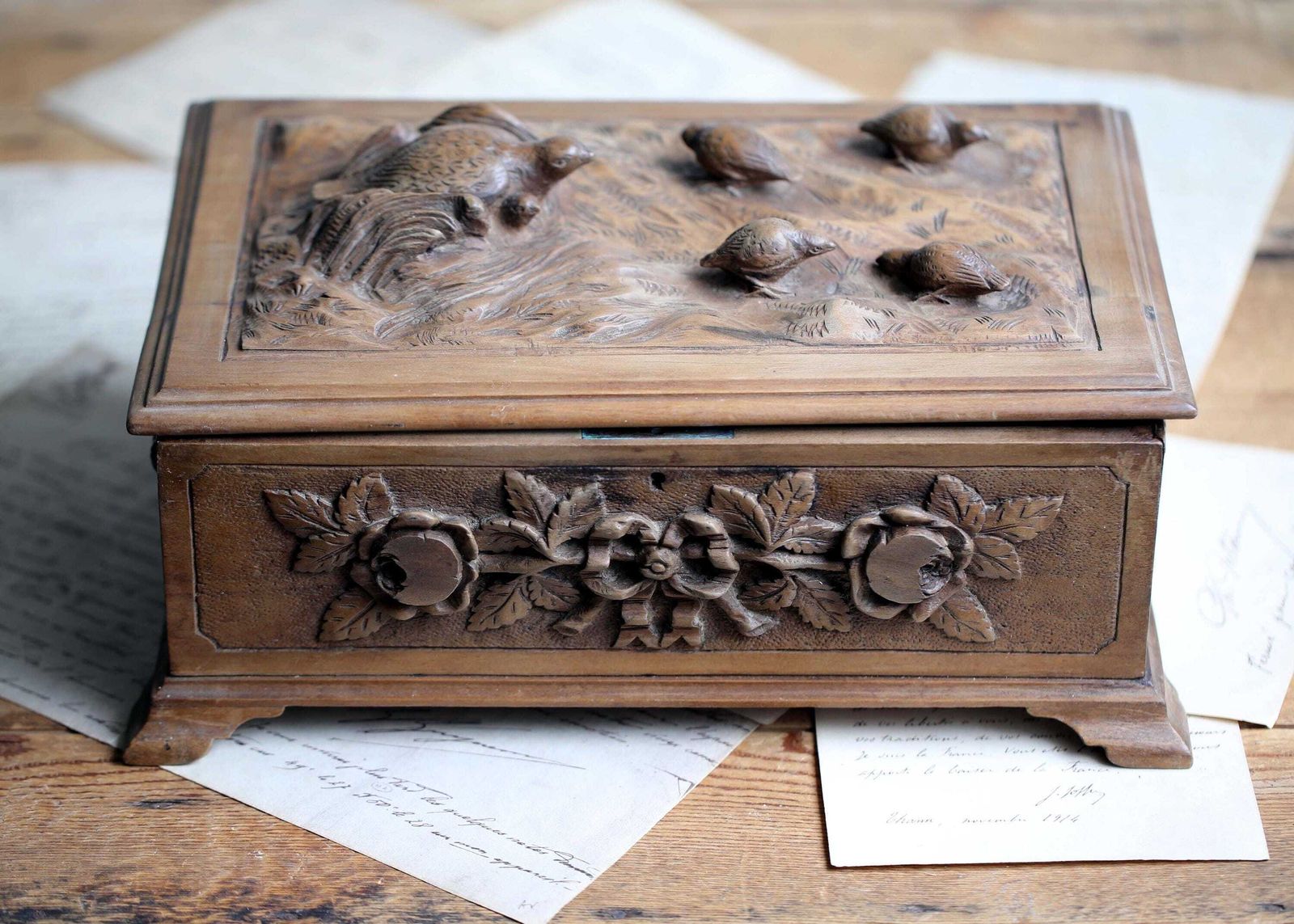 Antique French Pow Carved Wood Box: Trench Art, Signed 1918