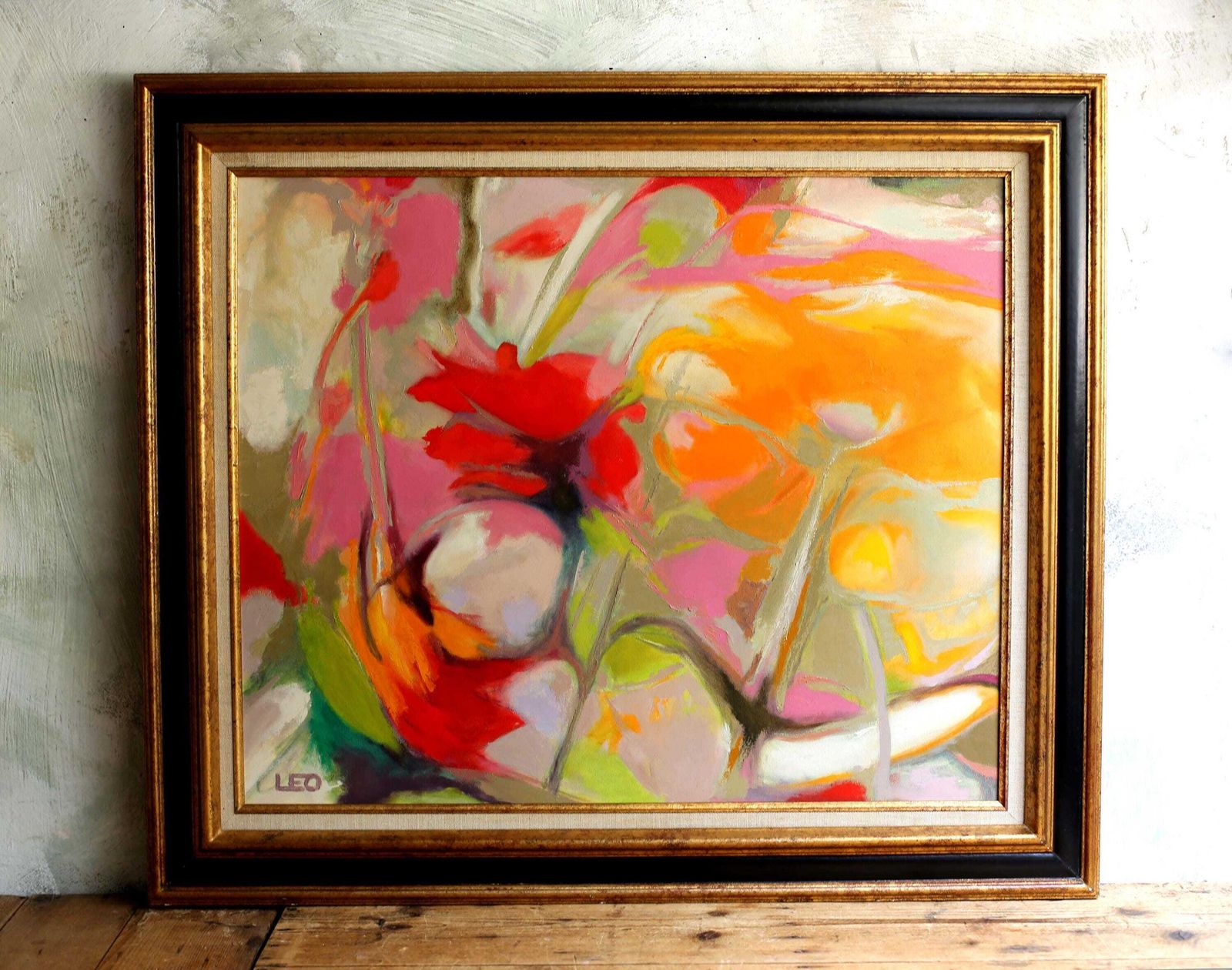 Large French Abstract Floral Oil Painting Canvas Art Flowers Framed Still Life Christian Leo photo buy