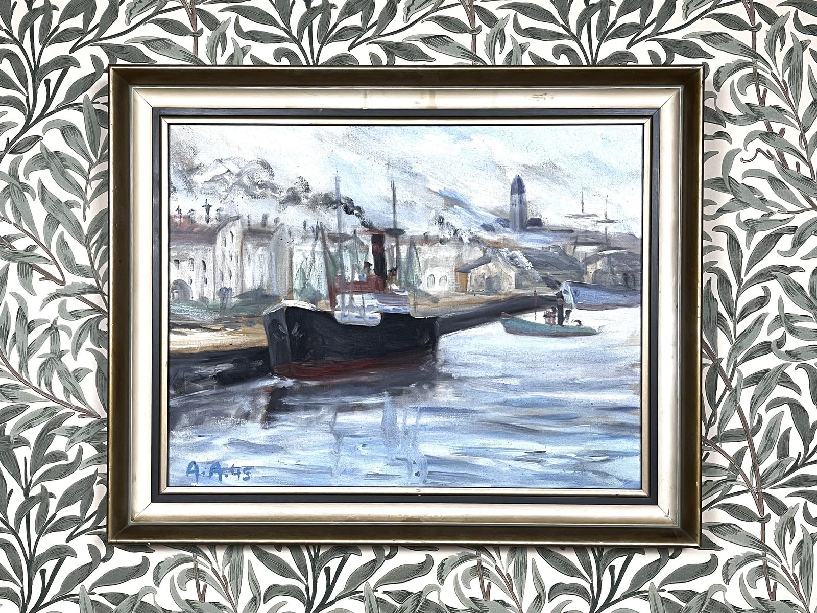 Gothenburg Harbor Scene, 1945,  Monogram Signed, Oil On Stretched Canvas