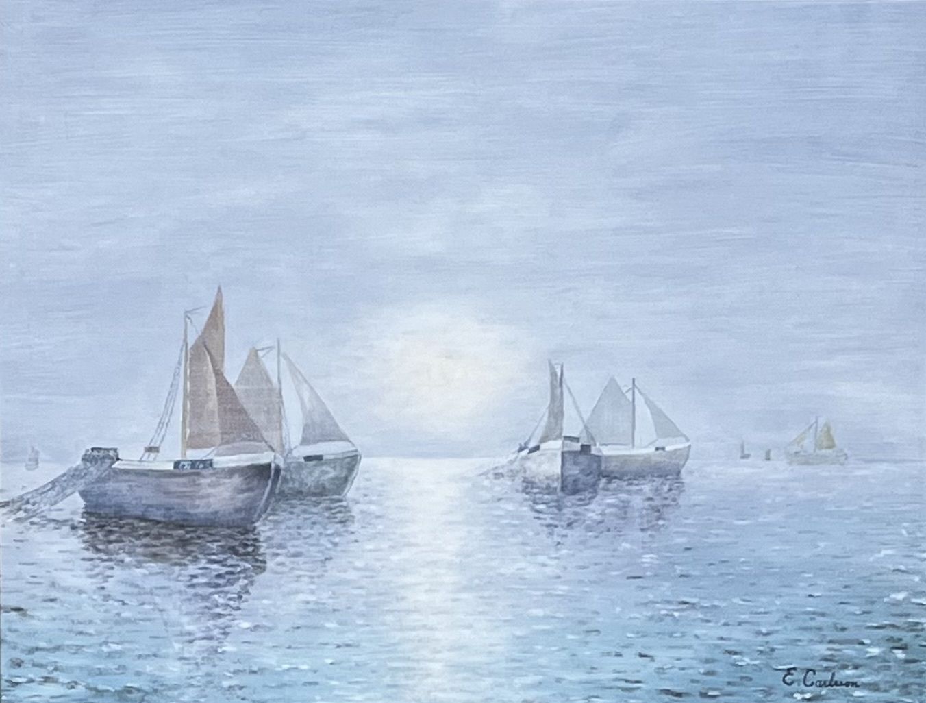 photo for sale Fishing Fleet In Dawn Light, 1960s, Swedish Artist E Carlsson, Oil Painting On Board