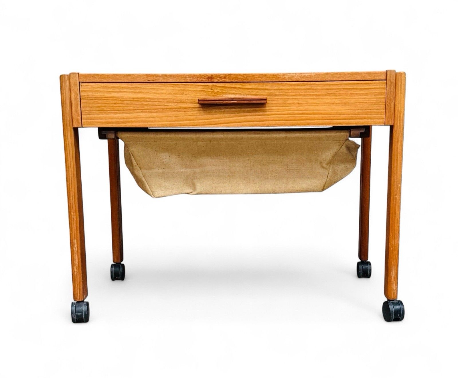 Danish Teak Sewing Box Canvas Basket Mid Century Retro C1950s photo furniture