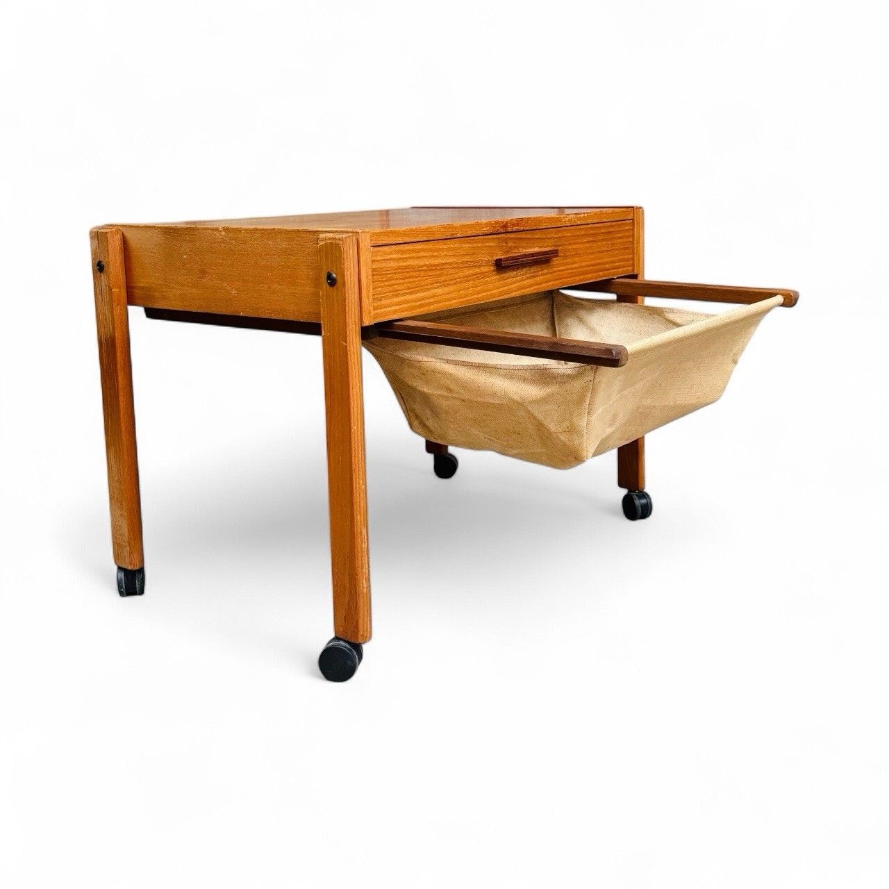 Danish Teak Sewing Box Canvas Basket Mid Century Retro C1950s photo for sale