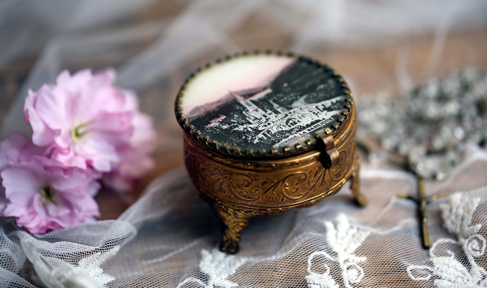 Antique French Ring Box Ormolu Glass & Gold Jewelry Case Souvenir Of Lourdes photo 125.0