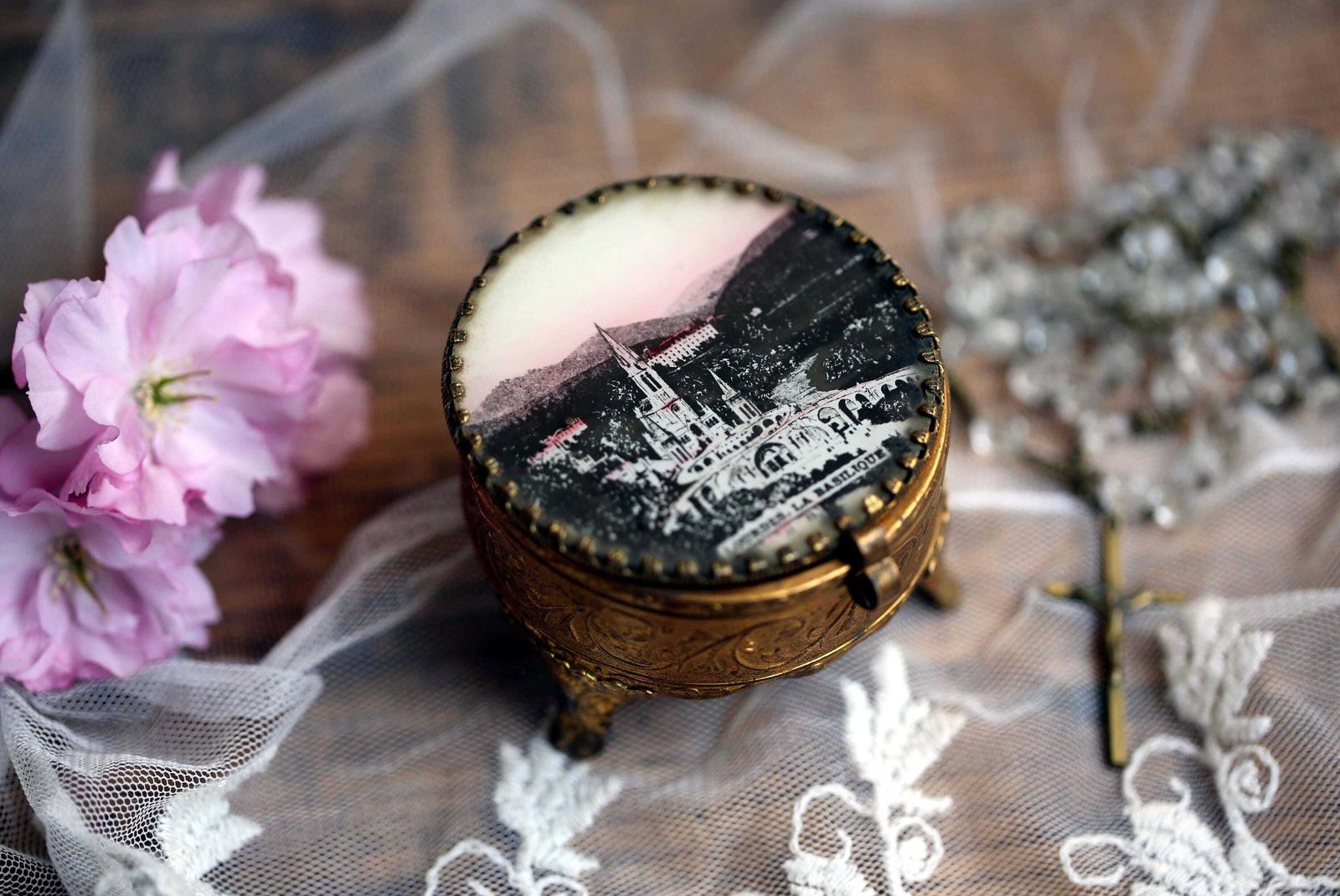Antique French Ring Box Ormolu Glass & Gold Jewelry Case Souvenir Of Lourdes photo buy