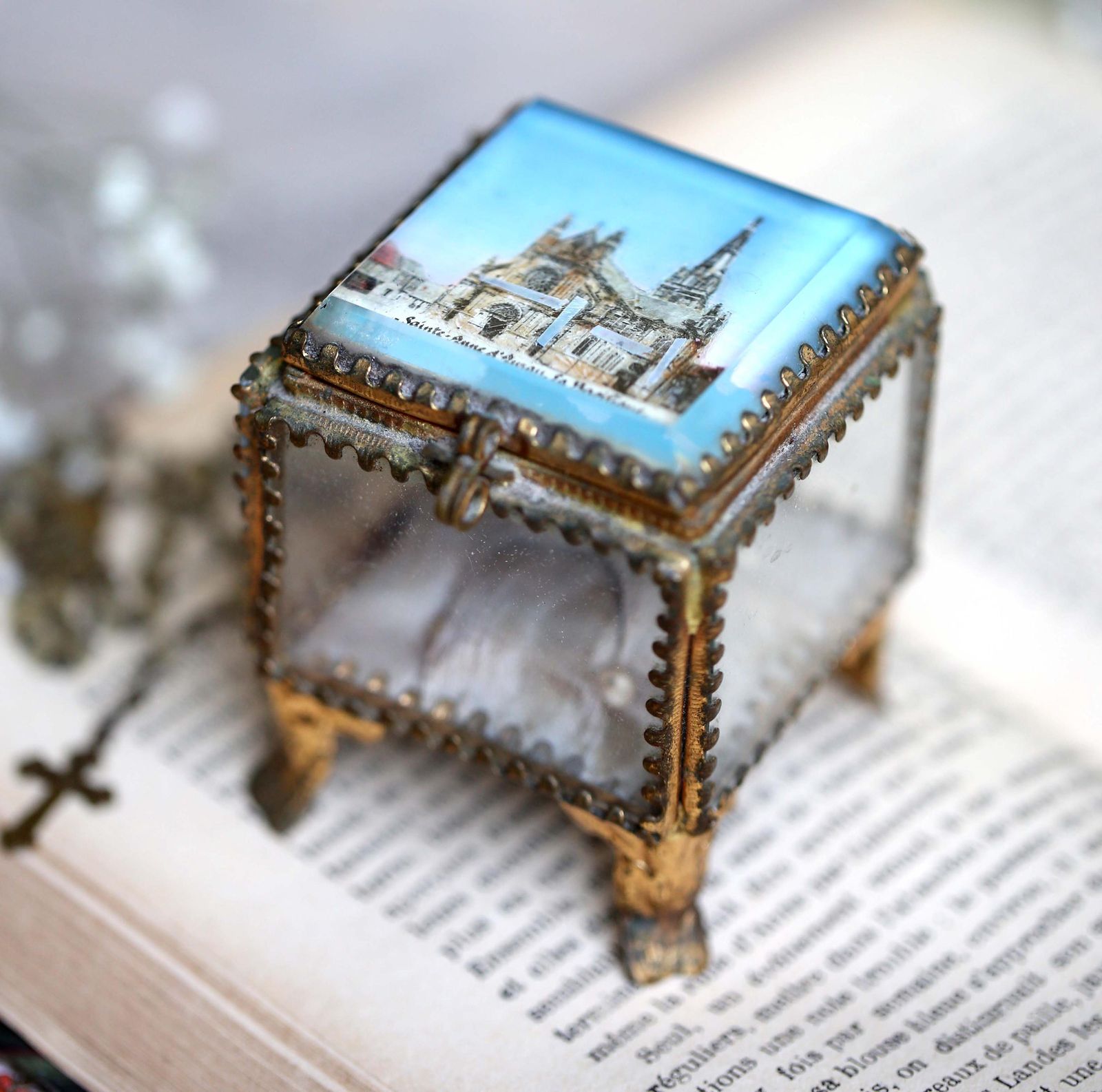 Antique French Ormolu Glass Jewelry Box Basilica Sainte Anne D'auray Souvenir