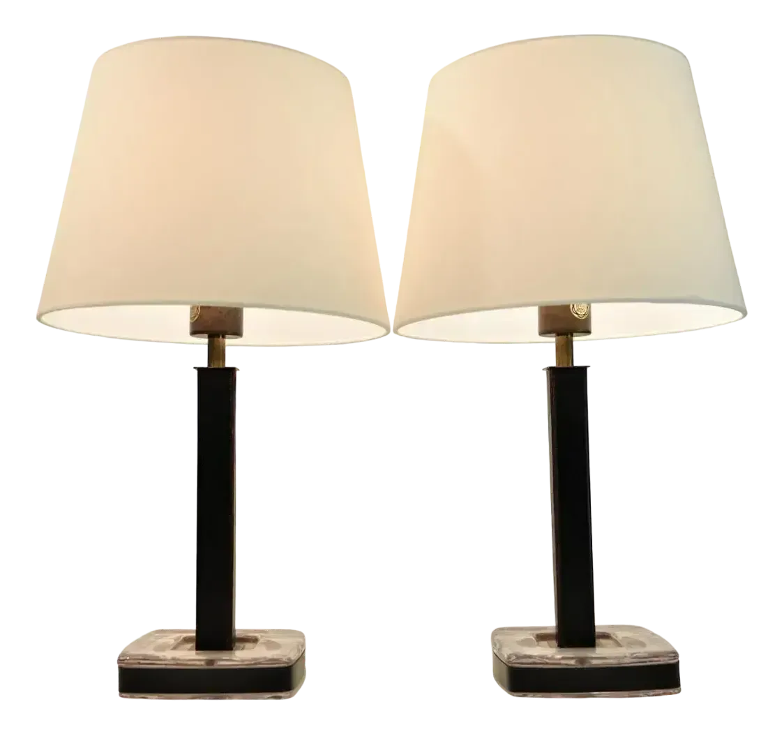 Glass, Leather And Brass Table Lamps By Uppsala Armaturfabrik, Set Of 2