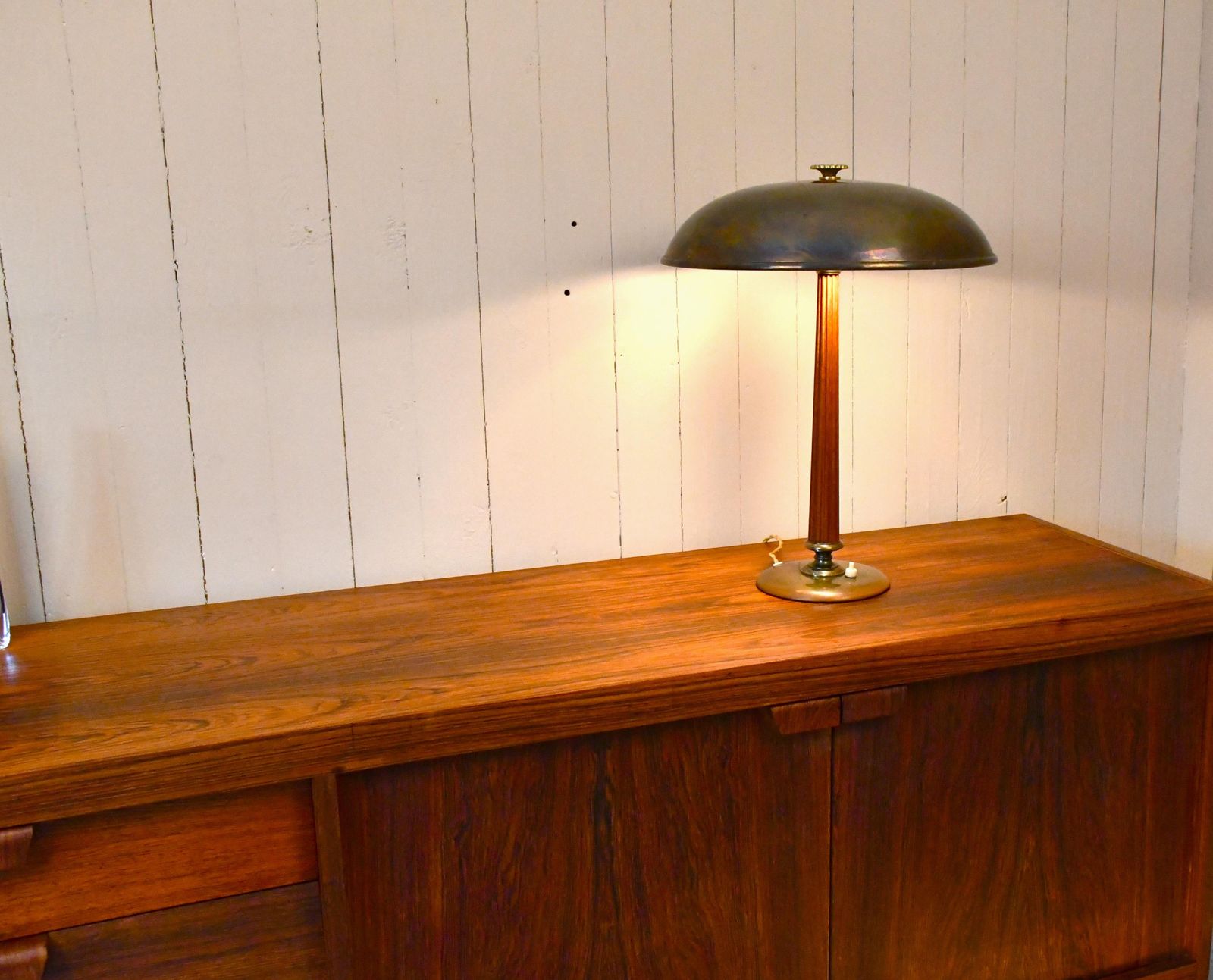 photo buy Swedish Brass And Oak Table Lamp By Erik Tidstrand For Nordiska Kompaniet, 1940s