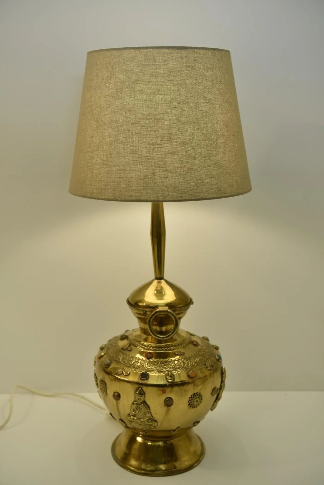 Large Brass And Gemstone Buddha Table Lamps, Set Of 2 photo 1592.0