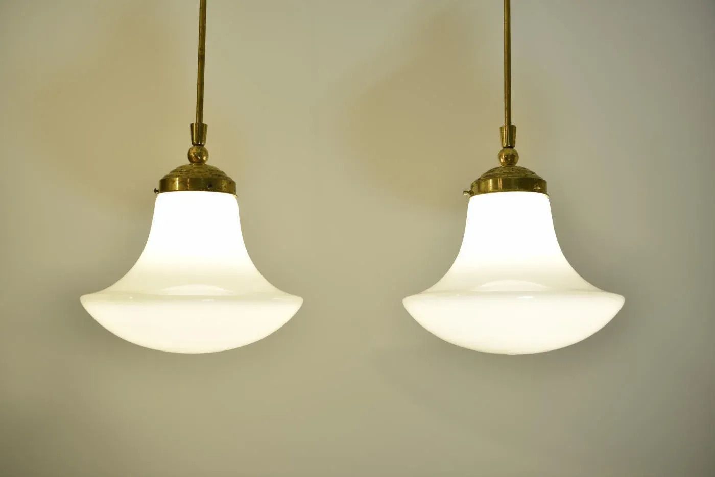 Swedish Grace Art Nouveau Opal White Glass And Brass Pendant Lamp, 1920s photo for sale