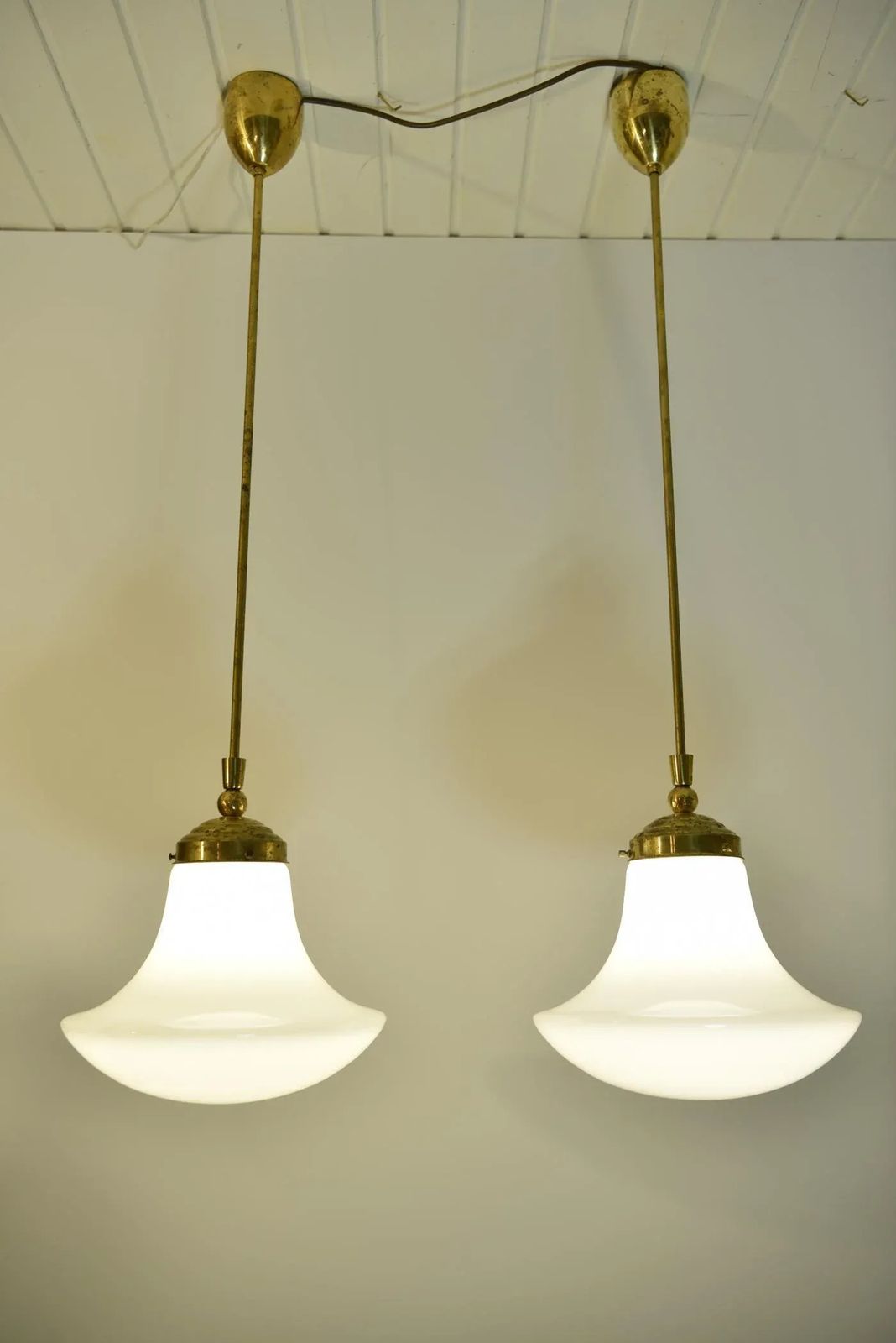 photo furniture Swedish Grace Art Nouveau Opal White Glass And Brass Pendant Lamp, 1920s