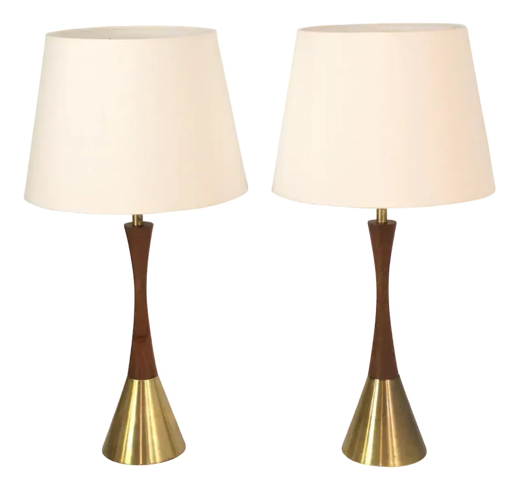 Modern Swedish Teak And Brass Table Lamps, Made In Denmark For Bergboms, Set Of 2