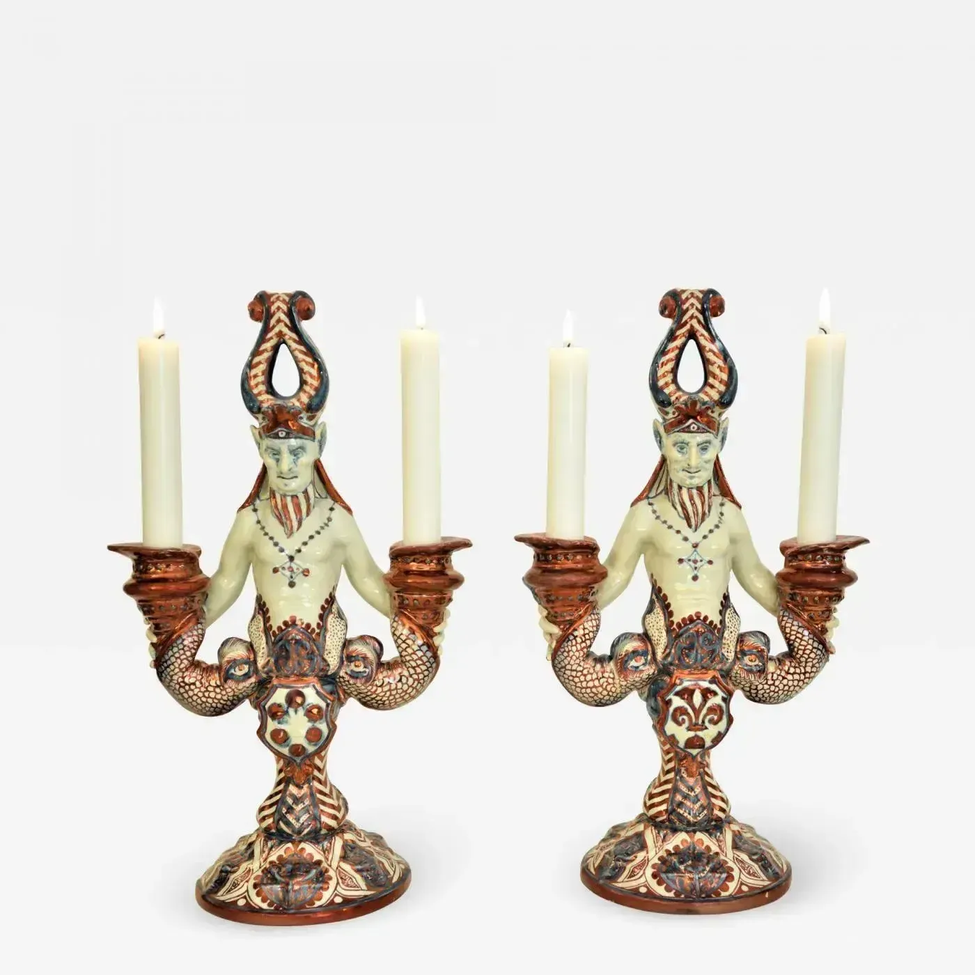 photo vinterior 19th Century Majolica Demon Candelabras By Cantagalli, Italy, Set Of 2