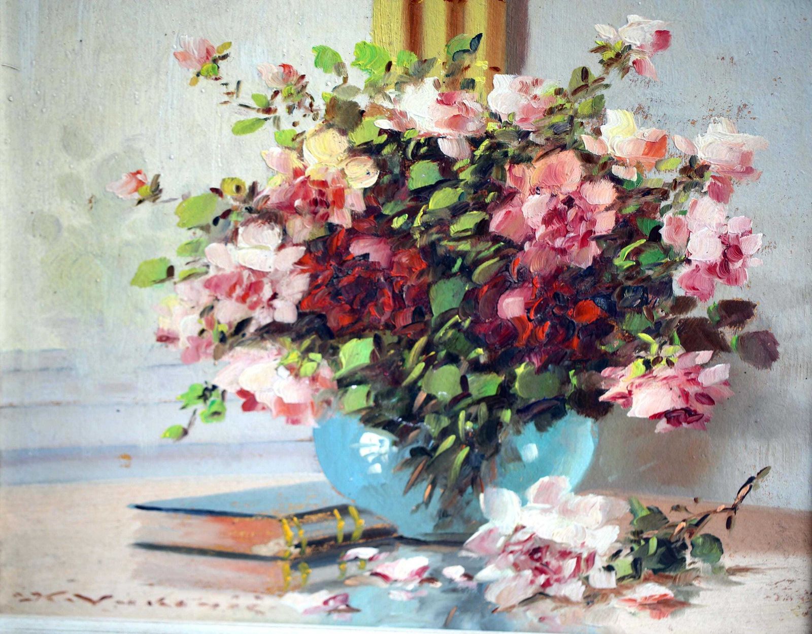 Original Vintage Oil Painting Floral Flowers Picture Pink Roses Still Life photo 115.0