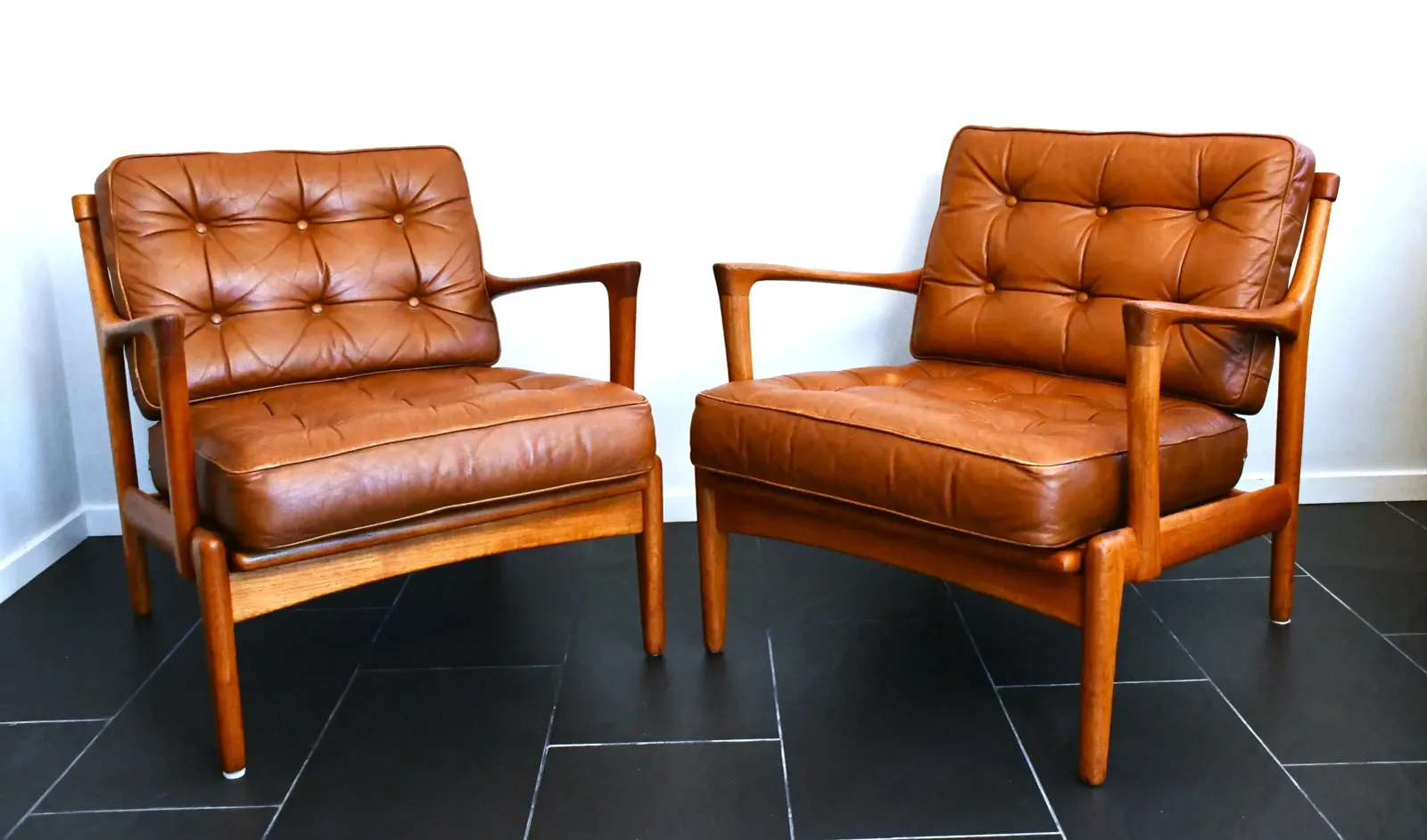 Furniture Swedish Teak And Leather Kuba Armchairs By Bertil Fridhagen For Br. Andersson, 1950s, Set Of 2 photo