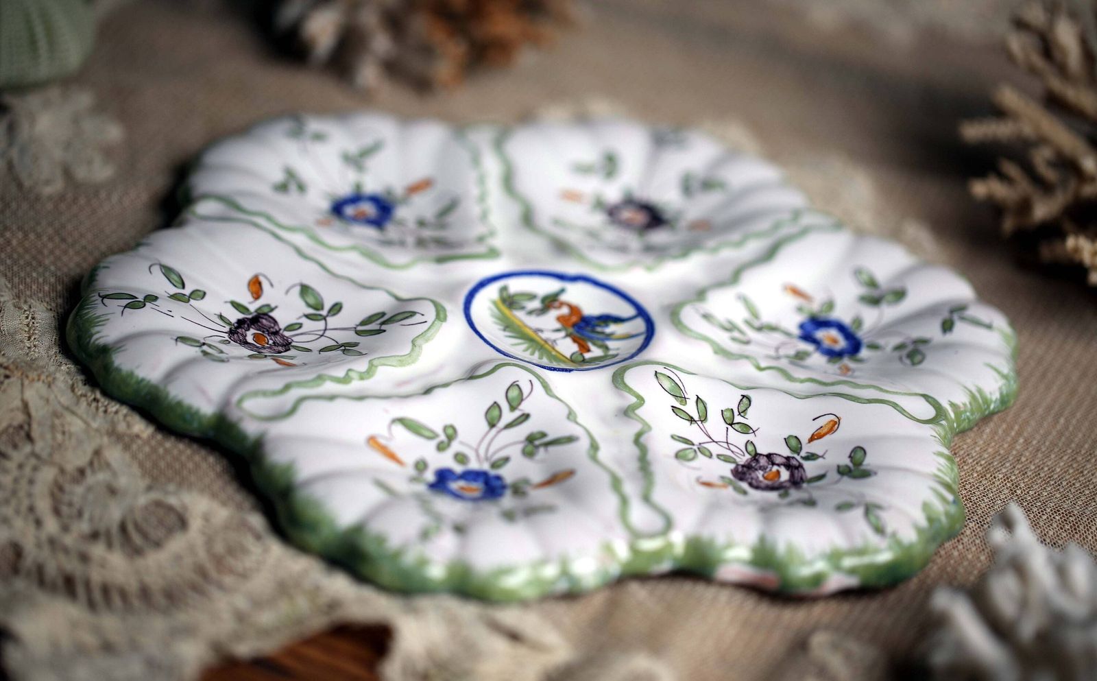 Moustiers Oyster Plate Hand Painted Floral Seafood Dish French Platter Martres Tolosanele photo for sale