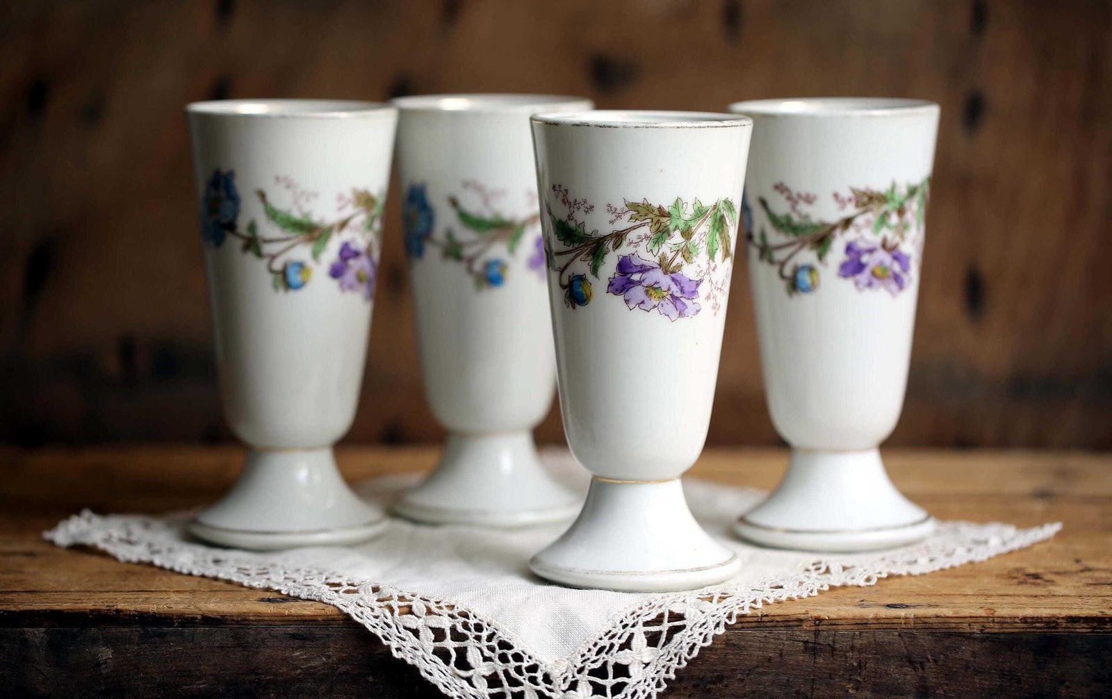 Antique French Bistro Cups   Floral Porcelain Coffee Goblets, Set Of 4 photo for sale