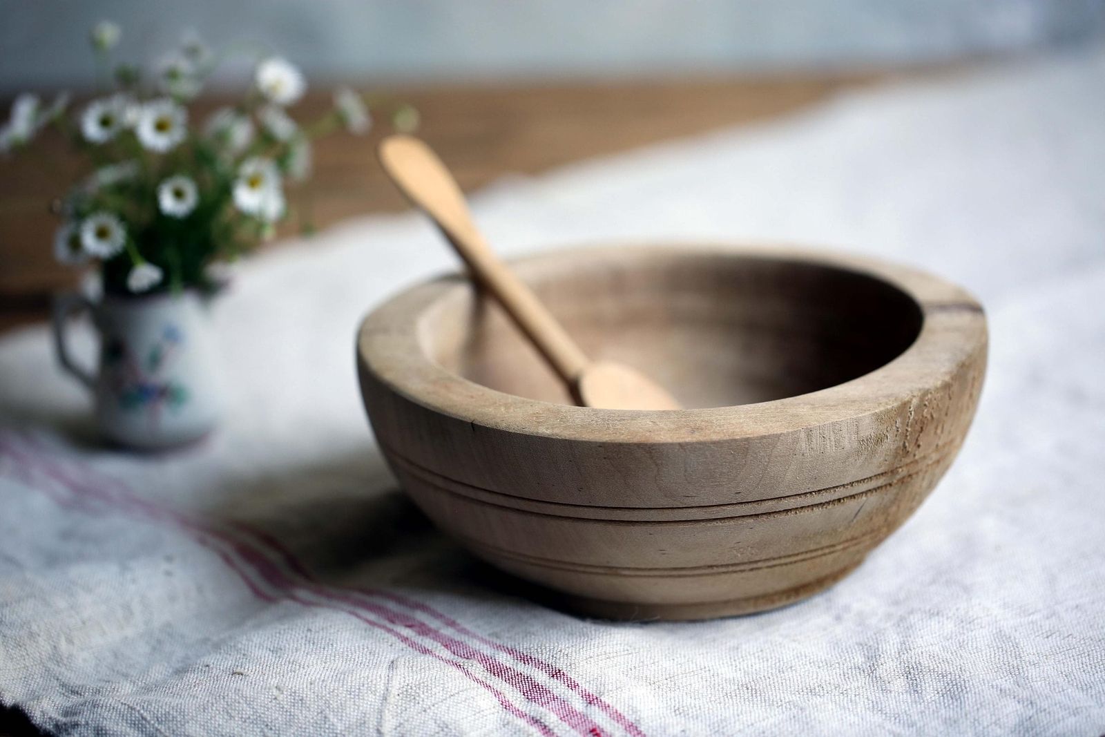 Antique Wooden Bowl Small Primitive French Dish & Carved Wood Spoon photo 71.0