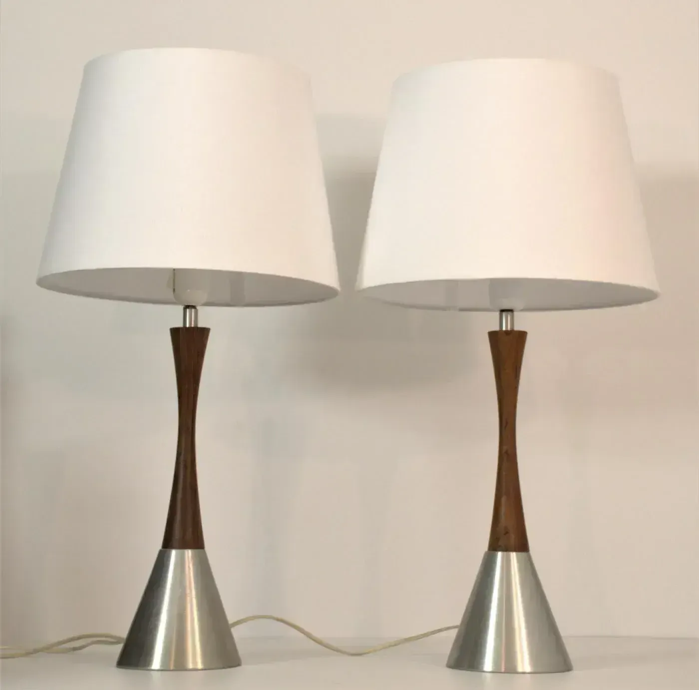 photo for sale Modern Swedish Brushed Aluminium And Teak Table Lamps By Bergboms, Set Of 2