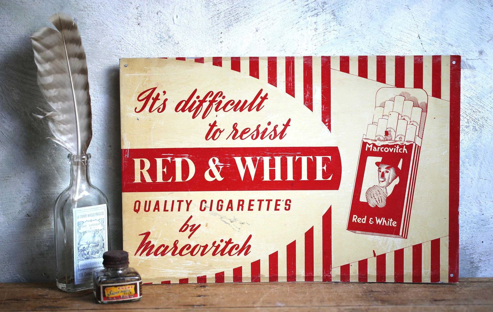 photo for sale Vintage Cigarette Sign Red & White Serigraph Marcovitch Advertising Plaque