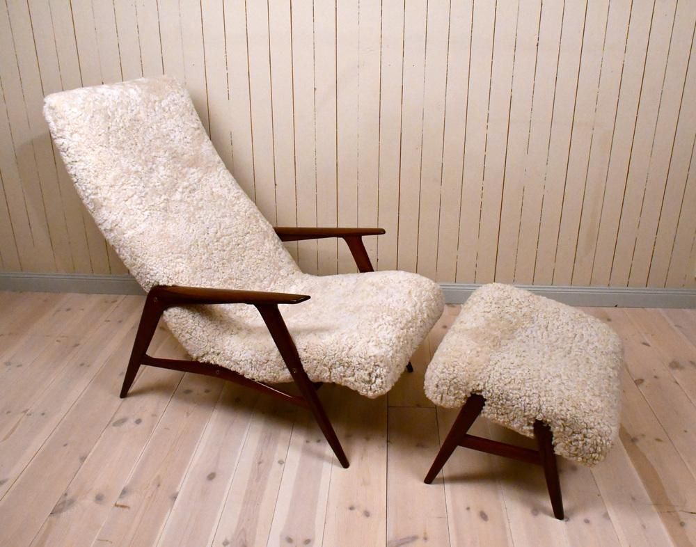 Set Of Swedish Siesta Lounge Chair With Footrest In Teak And Sheepskin From Jio Möbler, 1950s photo furniture