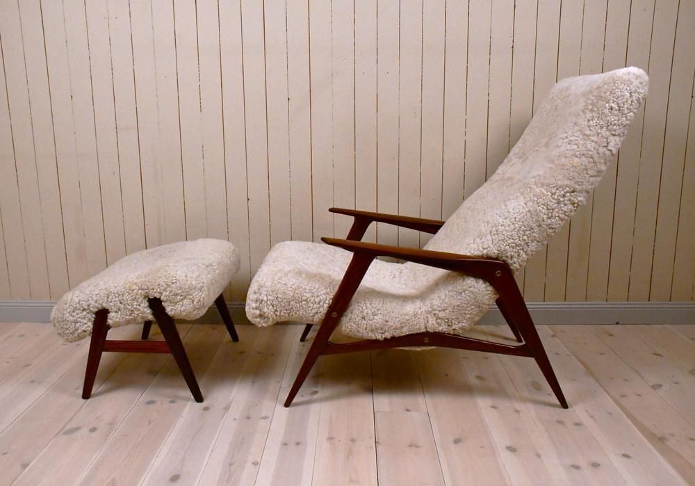 Set Of Swedish Siesta Lounge Chair With Footrest In Teak And Sheepskin From Jio Möbler, 1950s photo for sale
