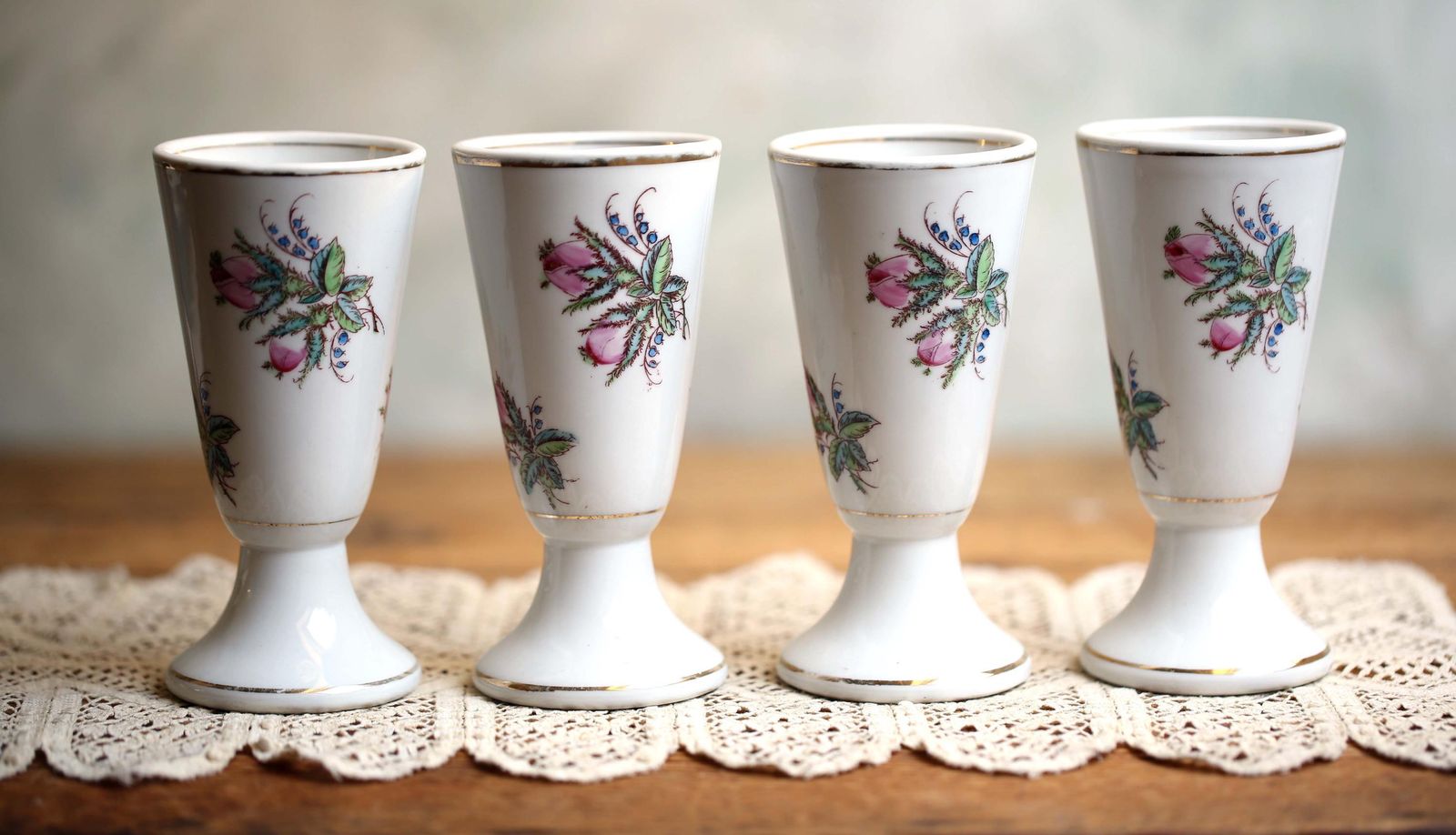 Antique French Bistro Cups Floral Porcelain Coffee Goblets Set Of 4 photo 71.0