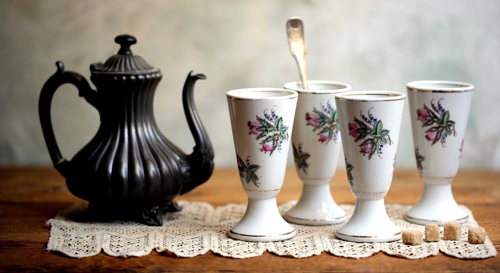 Antique French Bistro Cups Floral Porcelain Coffee Goblets Set Of 4 photo vintage