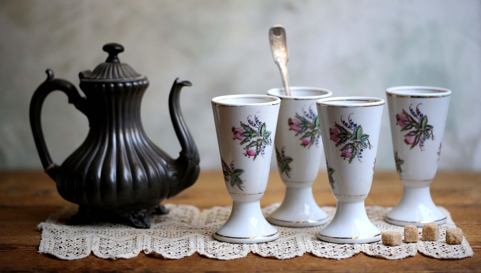 photo furniture Antique French Bistro Cups Floral Porcelain Coffee Goblets Set Of 4