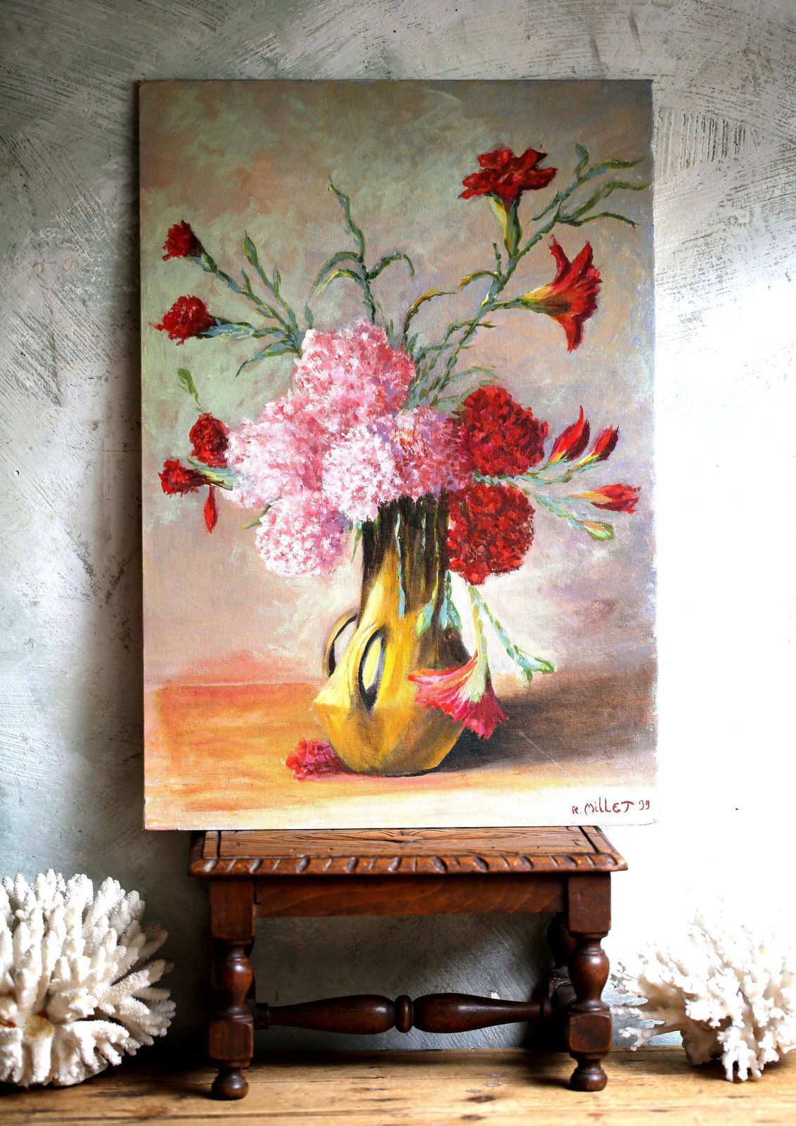 French Floral Oil Painting Vintage Art Flowers Still Life R Millet