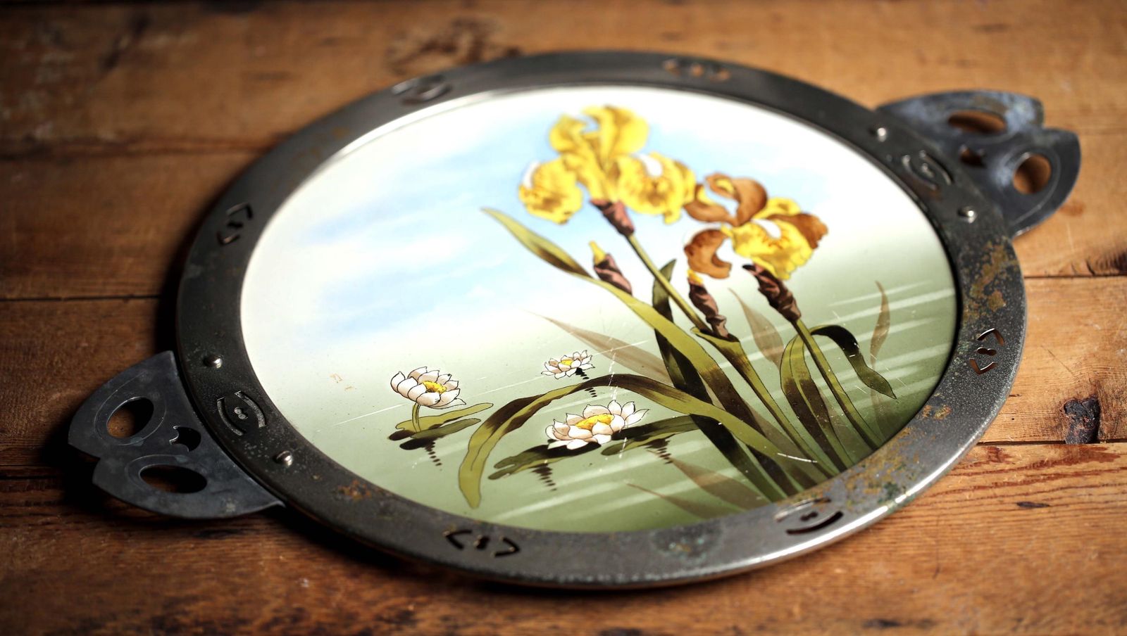Large Antique Art Nouveau Tray Porcelain Yellow Irises Plate By Max Dannhorn photo furniture