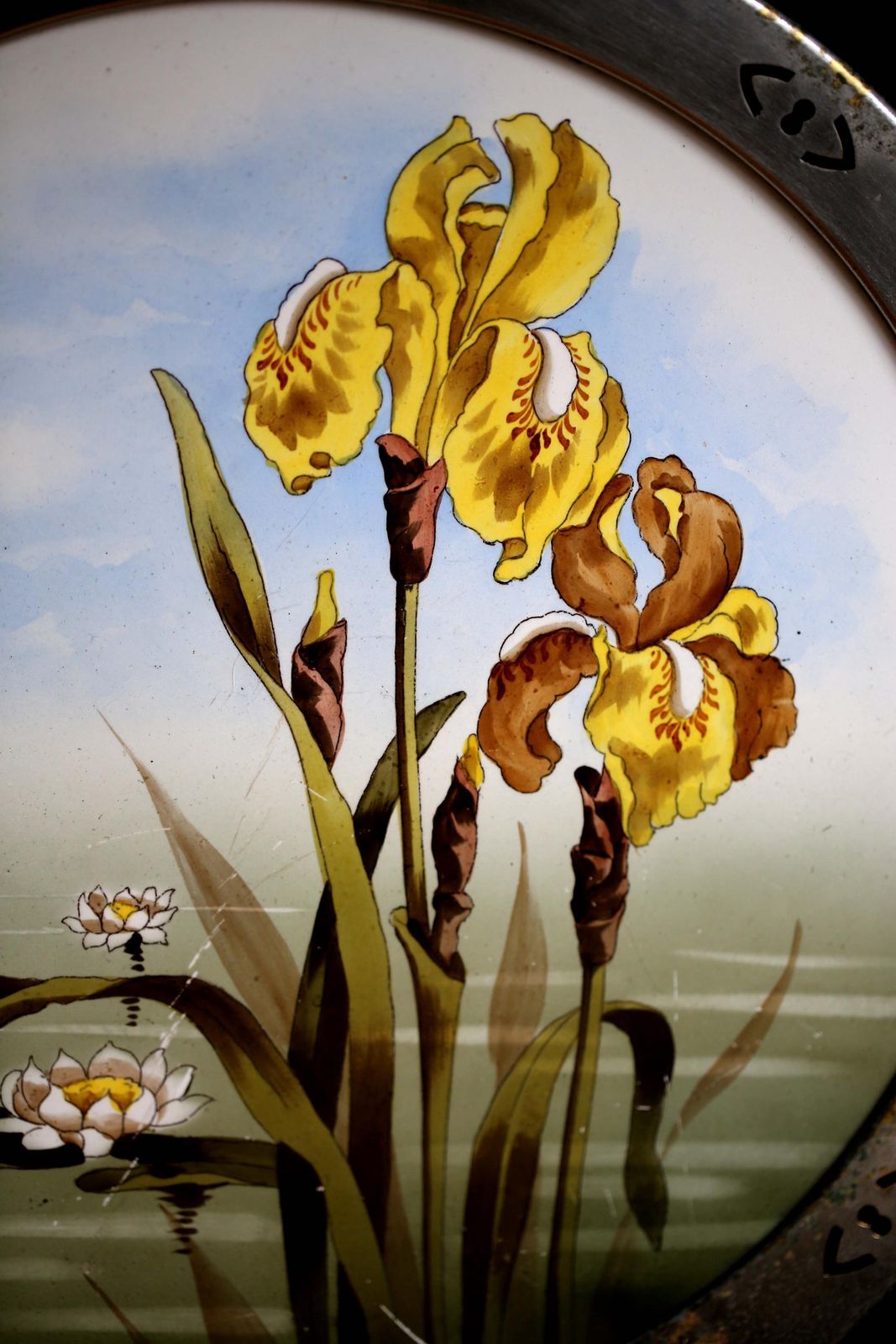 Large Antique Art Nouveau Tray Porcelain Yellow Irises Plate By Max Dannhorn photo for sale
