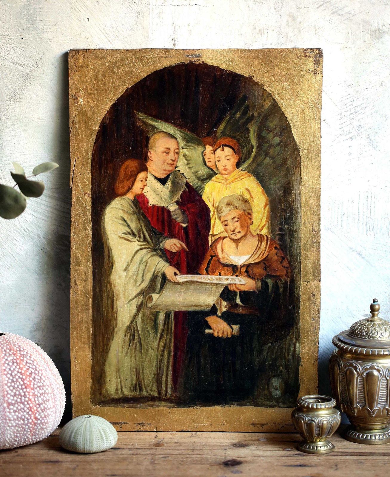 Antique Religious Painting With Angel Oil On Wood photo furniture