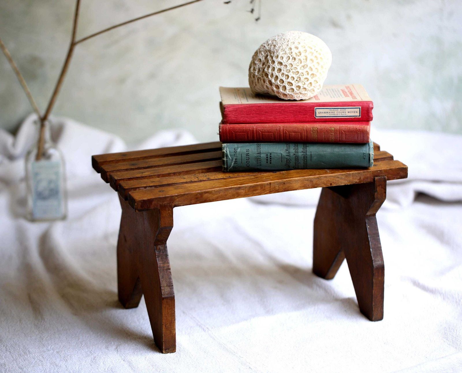 French Wooden Foot Stool Antique Slatted Footstool Small Display Stand photo vinterior