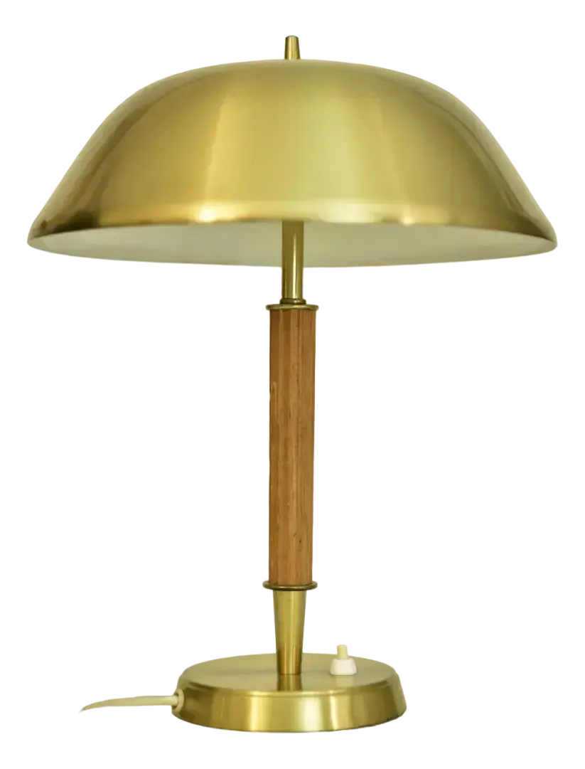 Swedish Art Deco Brass And Oak Table Lamp By Falkenbergs Belysning Ab, 1940s