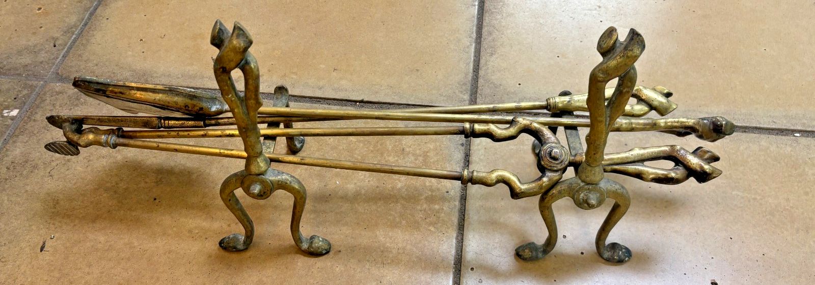 Antique Brass Fire Companion Set With Fire Dog Stands