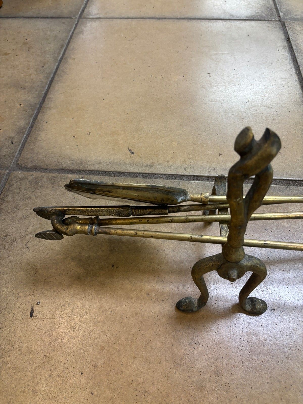 Antique Brass Fire Companion Set With Fire Dog Stands photo for sale