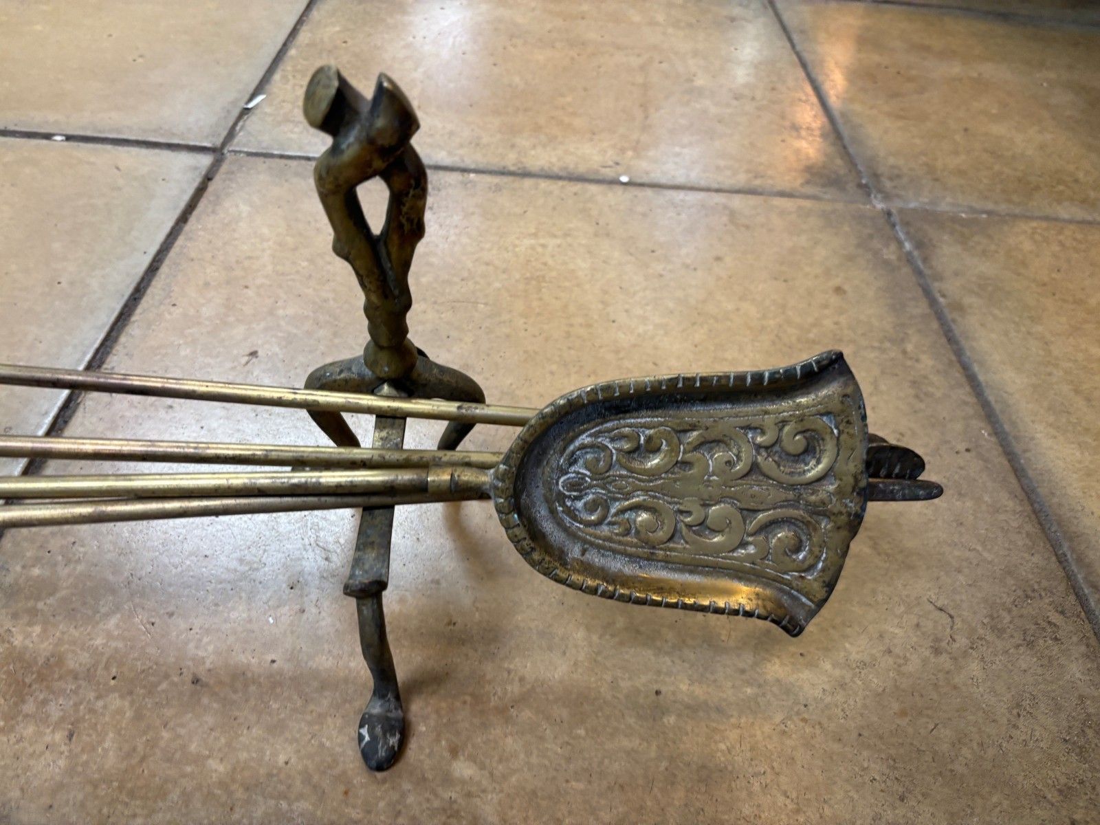 Antique Brass Fire Companion Set With Fire Dog Stands photo buy