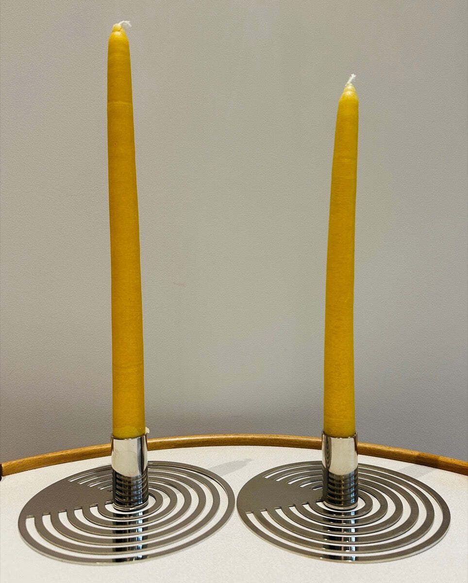 Pair Of Swedish Contemporary Polished Chrome Concentric Patterned Eightmood Candleholders photo furniture