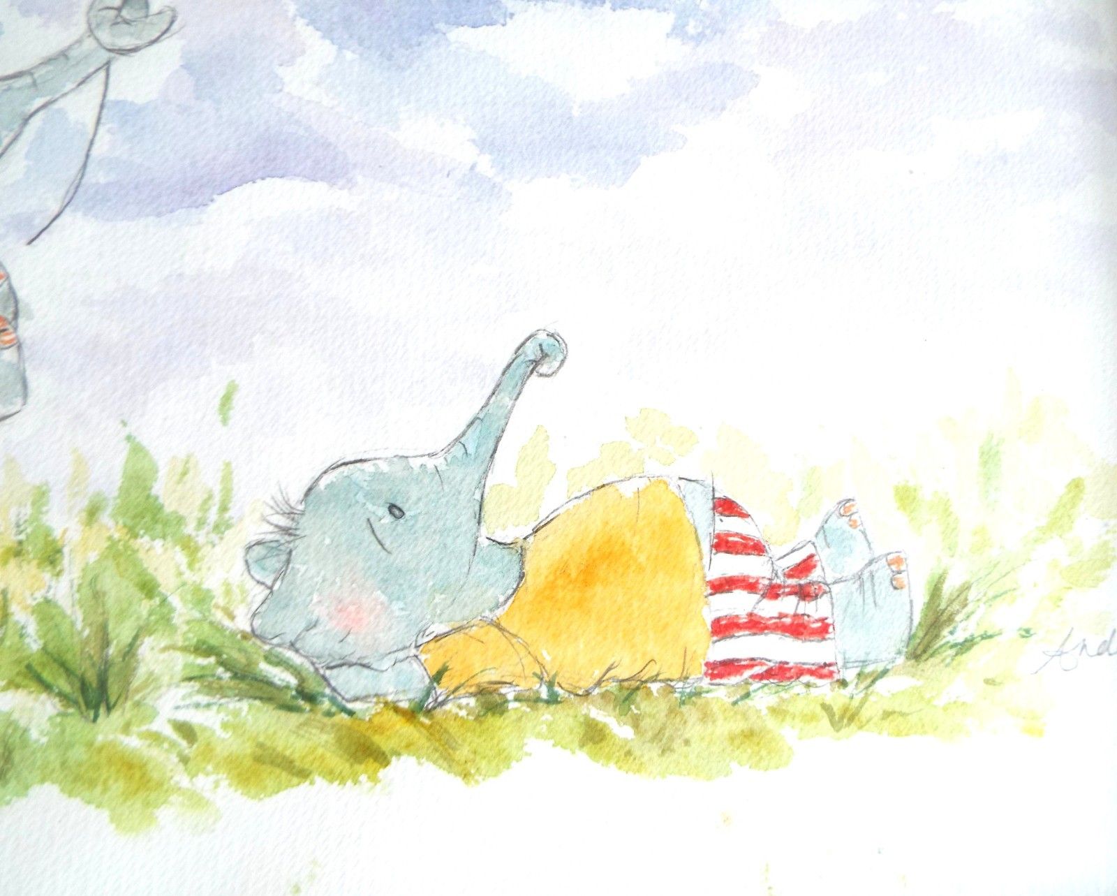 New Watercolour Kite Flying Elephants Painting Framed Original Andi Lucas photo Art