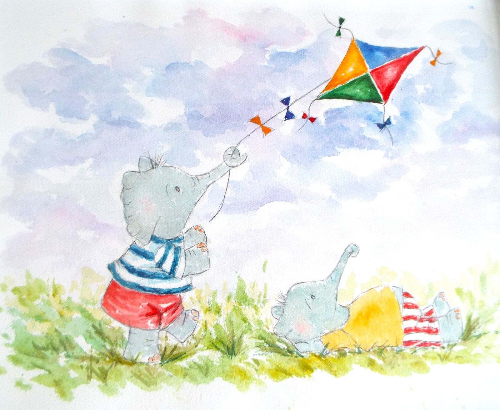 New Watercolour Kite Flying Elephants Painting Framed Original Andi Lucas photo vinterior