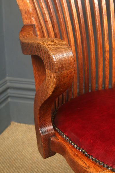 English Edwardian Oak & Red Leather Revolving Office Desk Arm Chair (Circa 1910) photo for sale