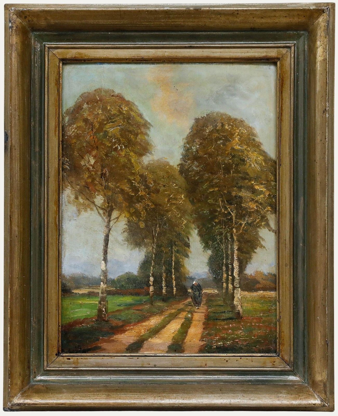 Adolf Gruttner German School Early 20th Century Oil, Walk In The Birch Avenue