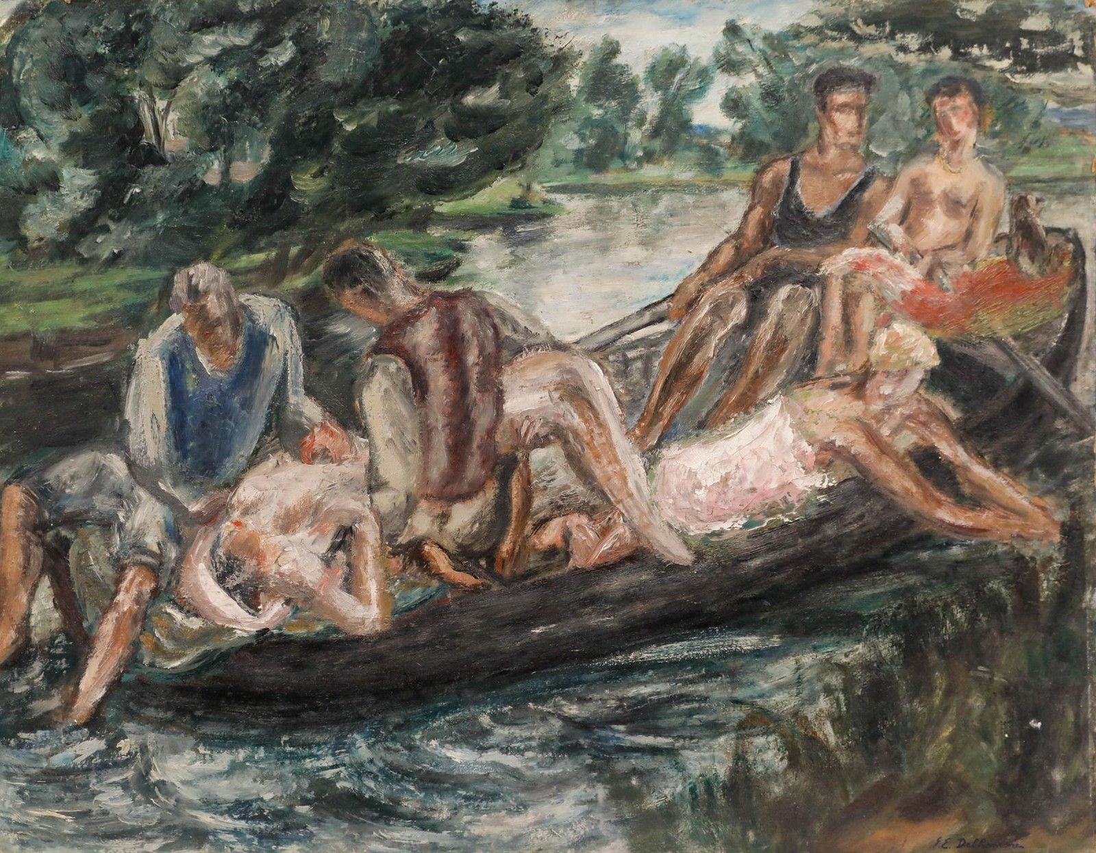 Georges Eugene Delhomme (1904 1989) 20th Century Oil, A Day In The Boat photo furniture